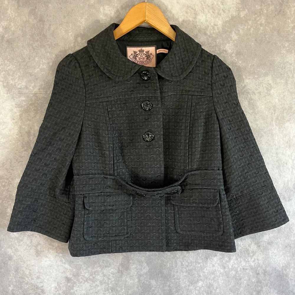 Juicy Couture Cropped Jacket‎ Women  S Black Textured Jacquard Belted JGMU0396